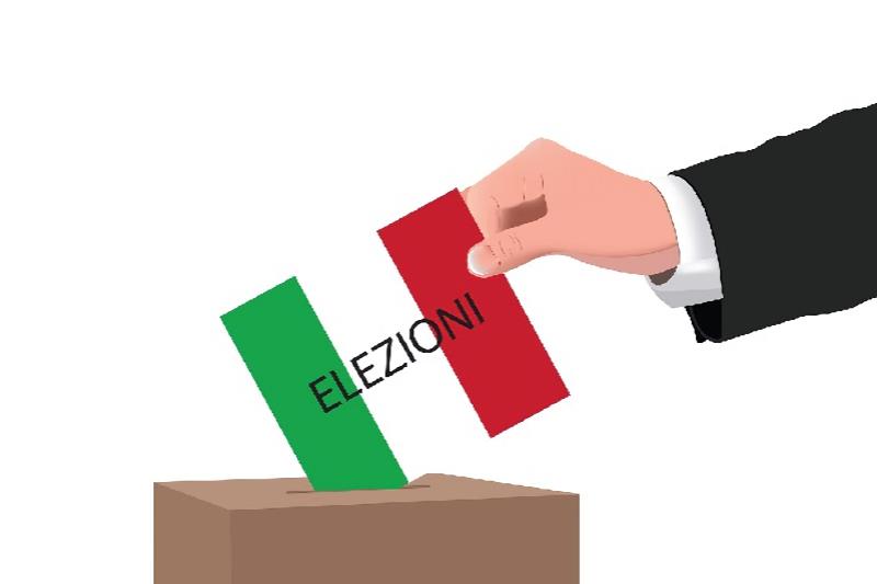Disegno di un'urna elettorale nella quale una mano infila un cartoncino con il tricolore italiano e stampata sopra la scritta "Elezioni".